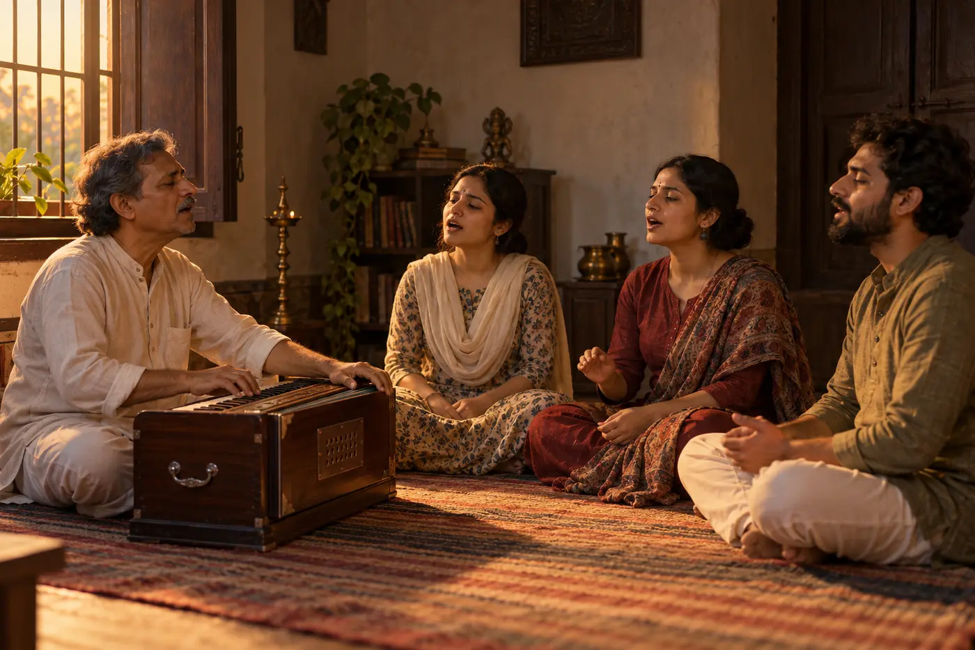Three voices and a harmonium, one Sa.