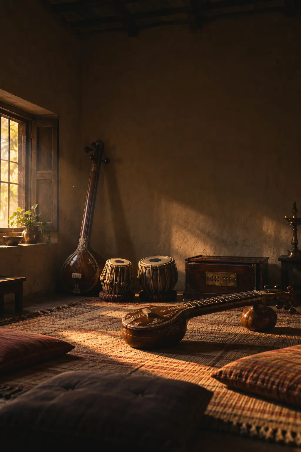 A music room at dusk: a tanpura against the wall, tabla, a veena on the rug